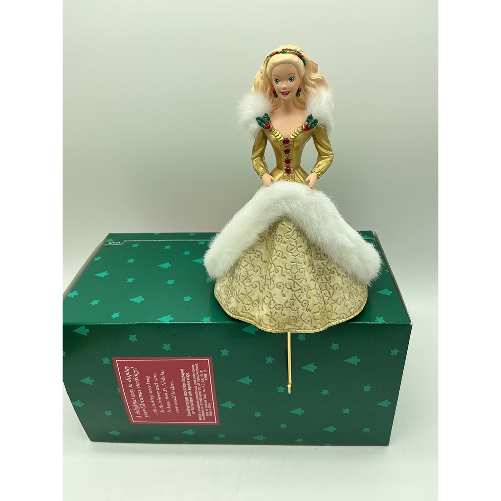 Vintage 1995 Hallmark Happy Holidays Barbie Stocking Hanger Gold Gown XSH3119